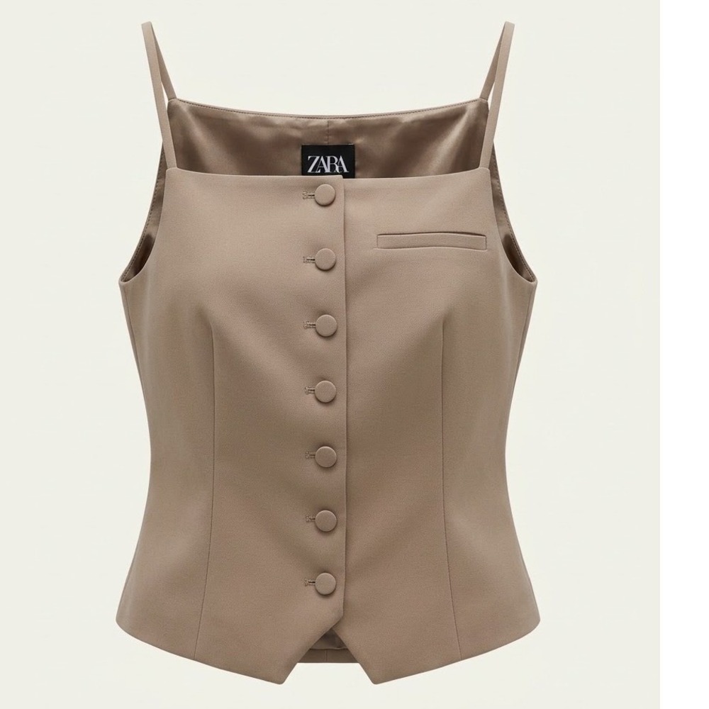 Zara Tailored Waistcoat Camisole Top Taupe Button Up Vest XS